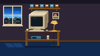 A family den at blue hour: a window onto a quiet neighbourhood with the streetlights coming on, a chunky CRT computer with a dial-up modem, shelves of tapes and a warm desk lamp.